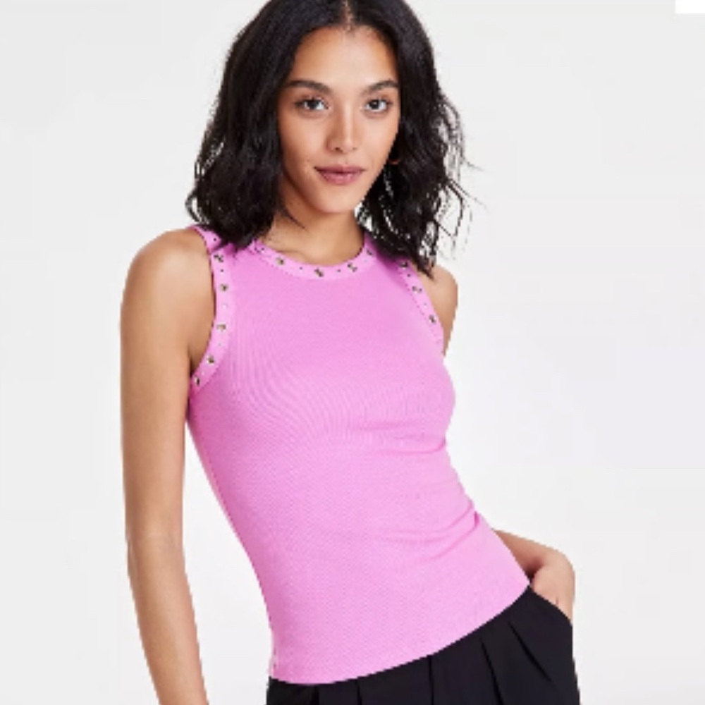 Bar Ill Women's Ribbed Grommet-Trim Light Pink Tank Top, Size Large. Like New!